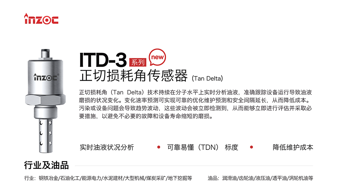 ITD-3系列油液正切損耗角(Tan Delta)傳感器技術(shù)持續(xù)在分子水平上實時分析油液，準確跟蹤設備運行導致油液磨損的狀況變化。變化速率預測可實現(xiàn)可靠的優(yōu)化維護預測和安全間隔延長，從而降低成本。污染或設備問題會導致趨勢波動，這些波動會被立即檢測到，從而能夠立即進行評估并采取必要措施，以避免不必要的故障和設備壽命縮短的磨損。應用行業(yè):鋼鐵冶金/石油化工/能源電力/水泥建材/大型機械/煤炭采礦/地下挖掘等;檢測油品:潤滑油/齒輪油/液壓油/透平油/渦輪機油等